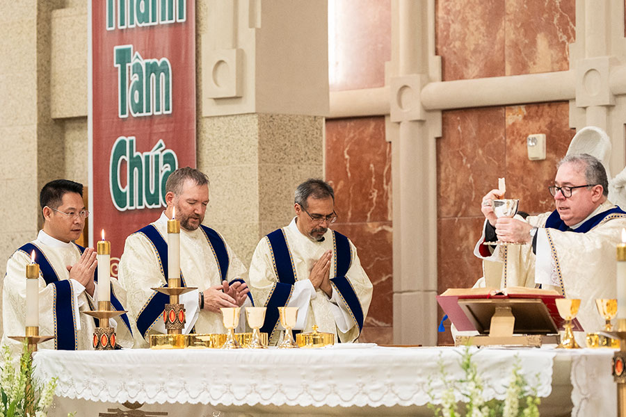 On June 21, Scott Alan Elder, Guillermo Muñoz Medina, and Alan Hung Vu were ordained to the Sacred Order of the Diaconate by Bishop Michael Olson at Vietnamese Martyrs Church in Arlington. (NTC/Juan Guajardo)